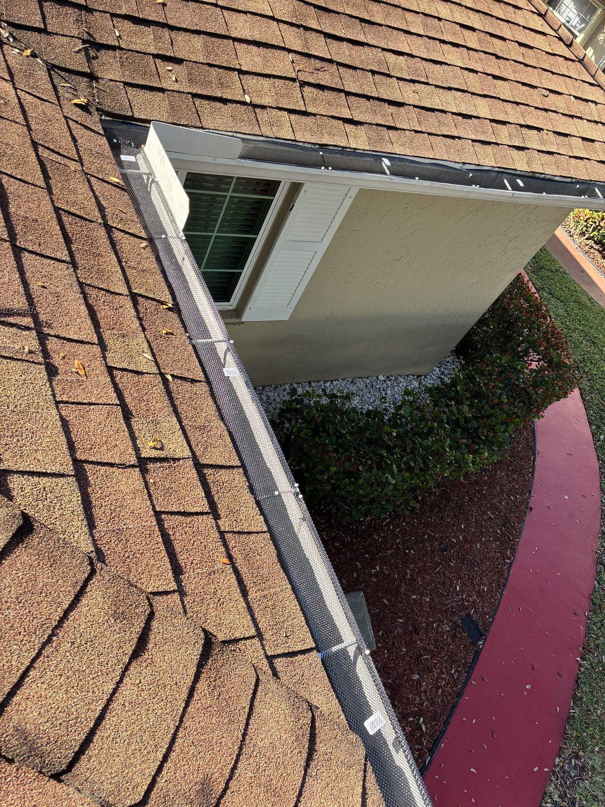 Leaf guard / gutter screen along a shingle-roof eave